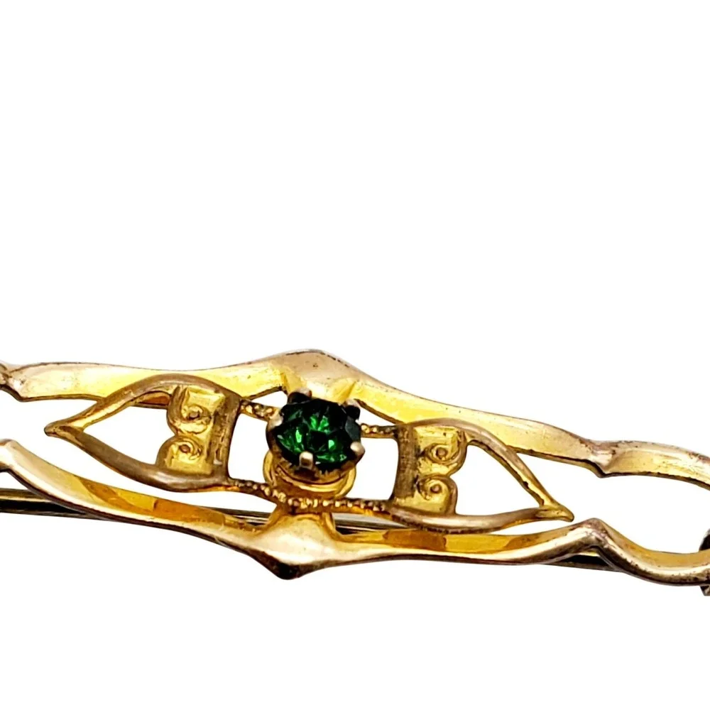 Antique Bar Pin Gold Tone Green Rhinestone Filigree Brooch Victorian Revival Vtg